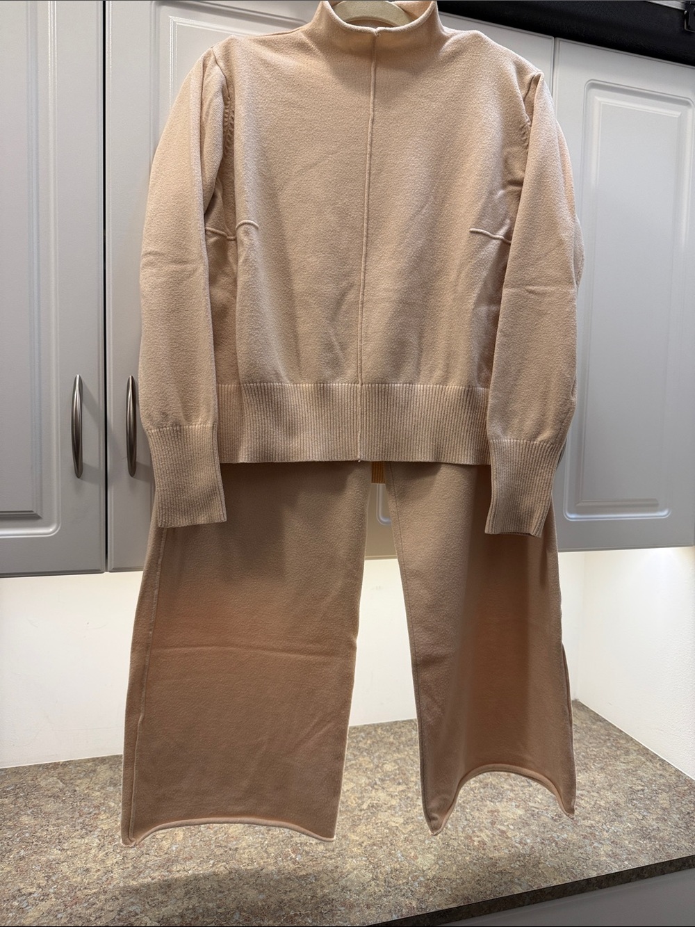Cozy Apricot Cream Mock Neck Pullover Sweater with Wide Leg Pant - Set
